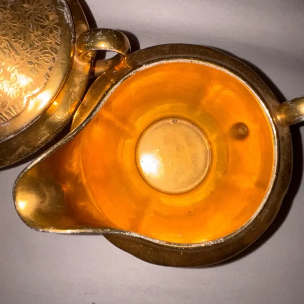 Wheeling DEC Creamer & Sugar Vintage Gold Floral Set #418 MCM